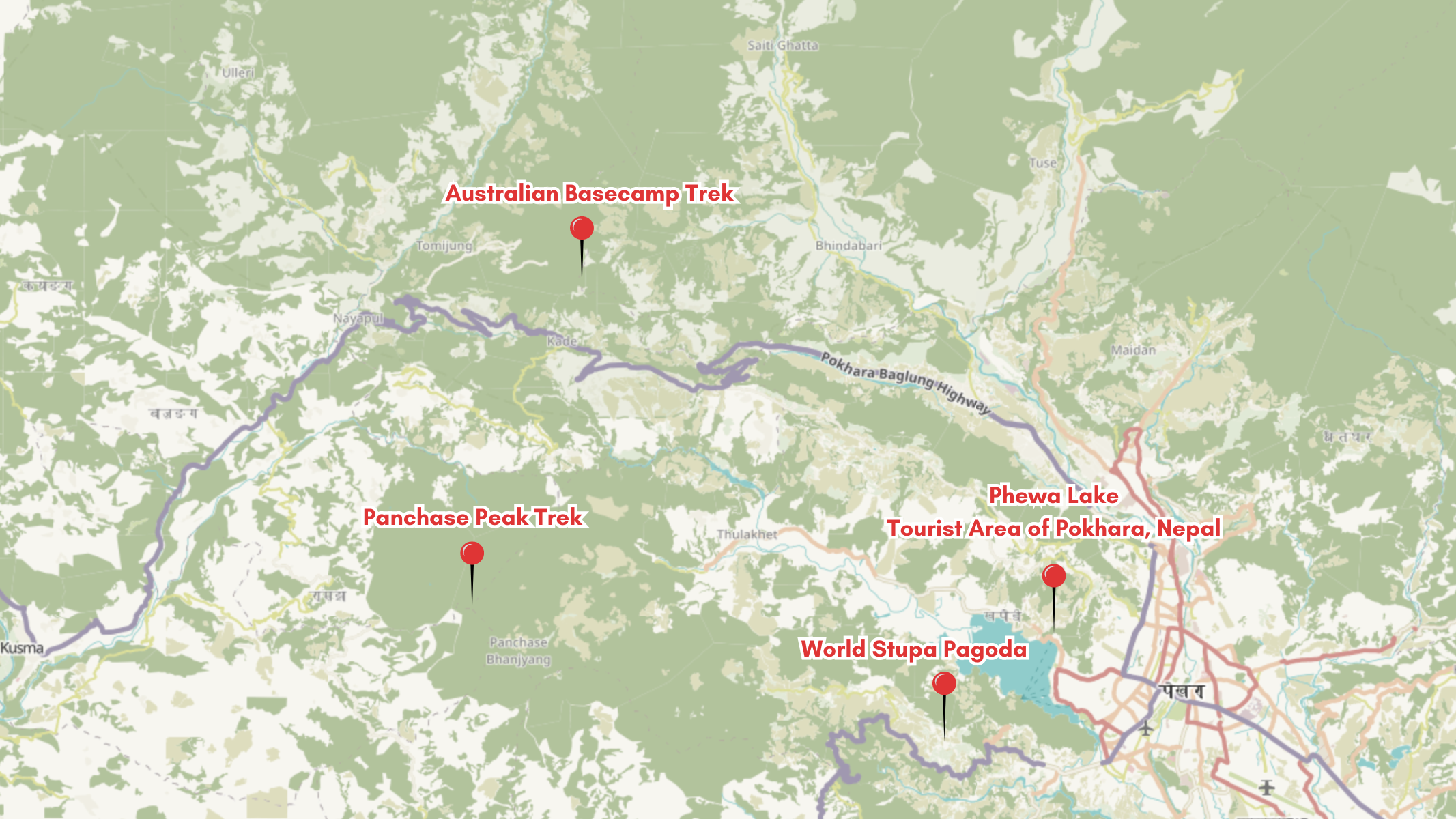 Map of Pokhara with trailheads marked, Nepal